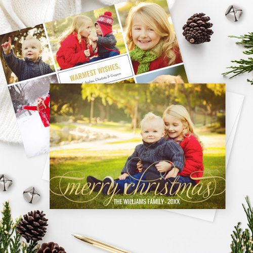 Merry Christmas Gold Script Overlay Photo Collage Holiday Card