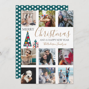 Merry Christmas Gold Script Photo Collage White Ho Holiday Card