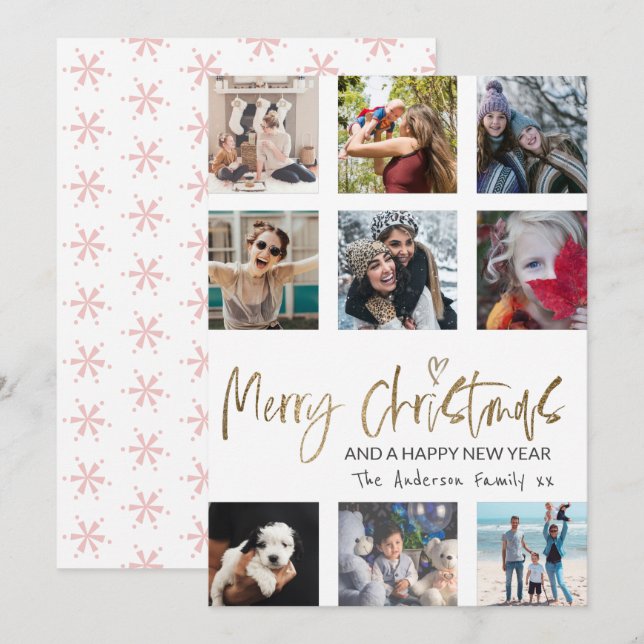 Merry Christmas Gold Script Photo Collage White Holiday Card (Front/Back)