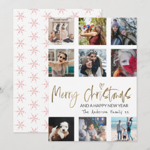 Merry Christmas Gold Script Photo Collage White Holiday Card