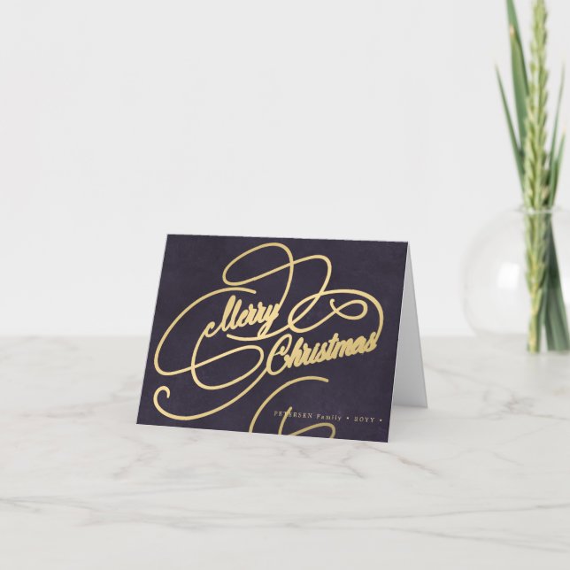 Merry Christmas gold script purple elegant Holiday Card (Front)