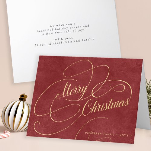 Merry Christmas gold script red elegant Holiday Card