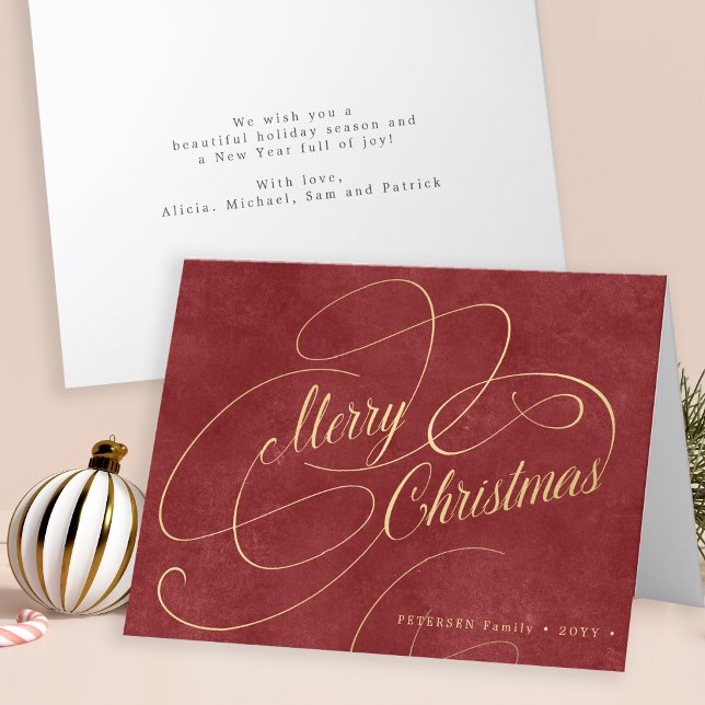 Merry Christmas gold script red elegant non-photo Holiday Card (Creator Uploaded)