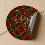 Merry Christmas gold script red green plaid tartan Classic Round Sticker<br><div class="desc">Modern rustic vintage elegant traditional red and green plaid tartan with faux gold Merry Christmas script holiday gift sticker.</div>
