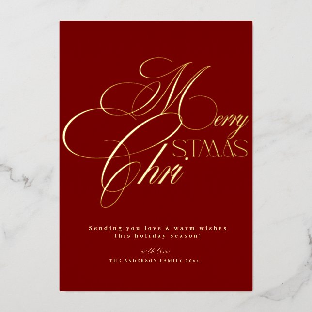 Merry Christmas Gold Script Red Minimal Holiday  Foil Invitation (Front)