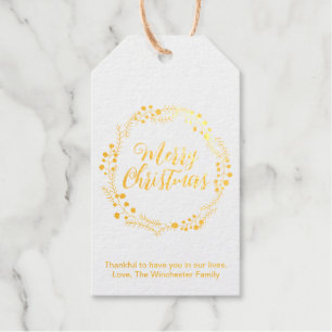 Merry Christmas gold script rustic wreath custom Foil Gift Tags