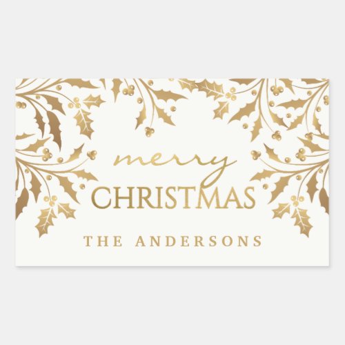 Merry Christmas Gold Shimmer Holly Branches Rectangular Sticker