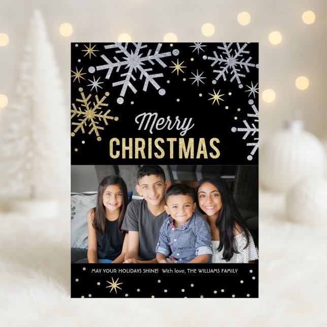 Merry Christmas Gold Silver Snowflake Photo Holiday Card (Creator Uploaded)