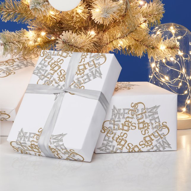 Merry Christmas Gold & Silver Star, Large White  Wrapping Paper (Holidays)