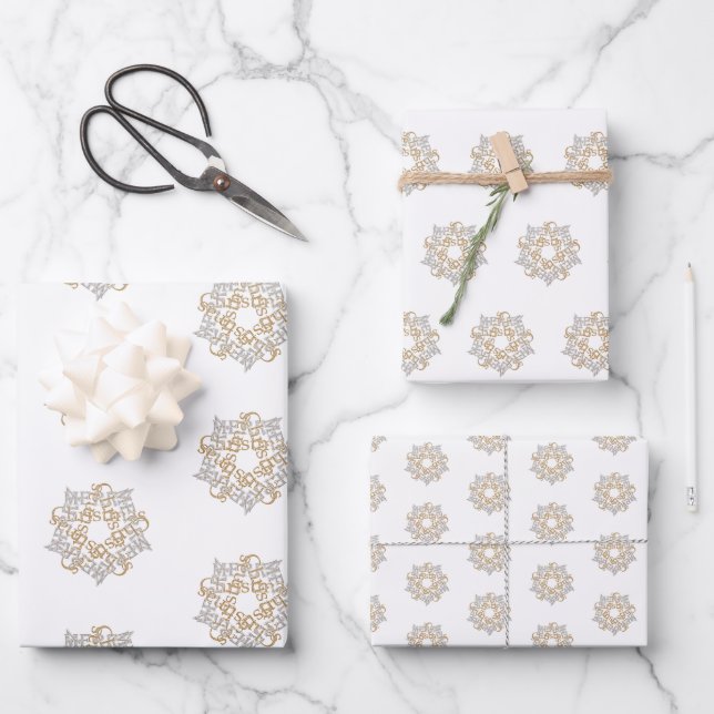 Merry Christmas Gold & Silver Star, White Wrapping Paper Sheets (Front)