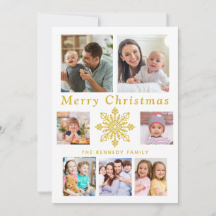 Merry Christmas Gold Snowflake 7 Photo Collage Holiday Card
