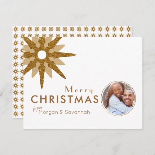 Merry Christmas Gold Snowflake Couple Photo Holiday Card