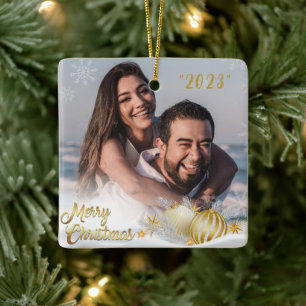 Merry Christmas Gold Snowflake Personalized Ceramic Ornament