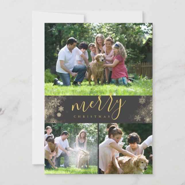 Merry Christmas Gold Snowflake Photo Collage  Holiday Card (Front)