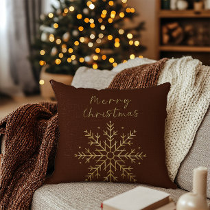 Merry Christmas / Gold Snowflake Terracotta Dark Throw Pillow