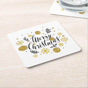 Merry Christmas Gold Snowflakes Holiday Square Paper Coaster