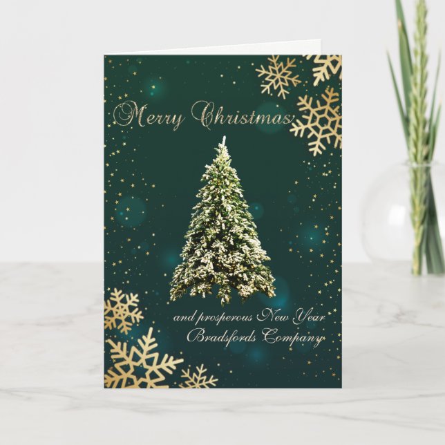 Merry Christmas,Gold Snowflakes,Pine Tree Holiday Card (Front)