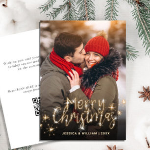 Merry Christmas Gold Sparkle PHOTO QR code Holiday Card