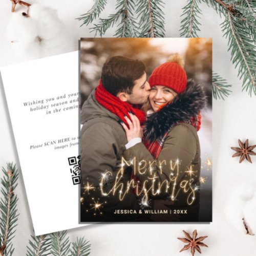 Merry Christmas Gold Sparkle PHOTO QR code Holiday Card