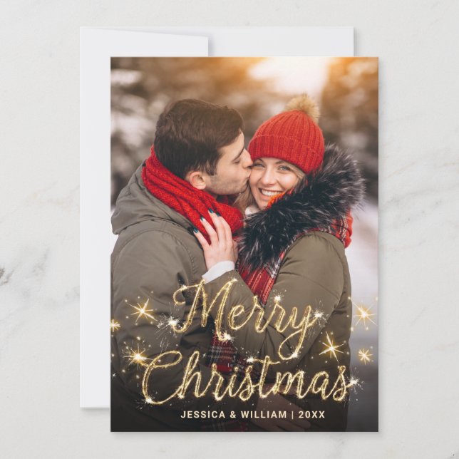 Merry Christmas Gold Sparkle Script PHOTO Greeting Holiday Card (Front)