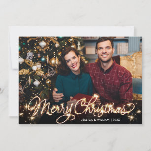 Merry Christmas Gold Sparkle Script PHOTO Greeting Holiday Card