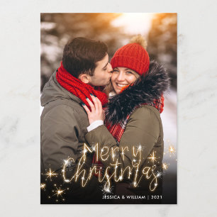Merry Christmas Gold Sparkle Script PHOTO Greeting Holiday Card