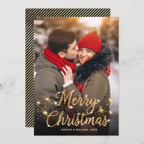 Merry Christmas Gold Sparkle Script PHOTO Greeting Holiday Card