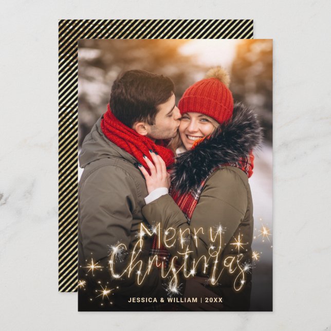 Merry Christmas Gold Sparkle Script PHOTO Greeting Holiday Card (Front/Back)