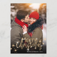 Merry Christmas Gold Sparkle Script PHOTO Greeting Holiday Card