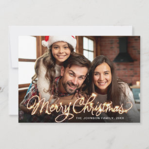 Merry Christmas Gold Sparkle Script PHOTO Greeting Holiday Card