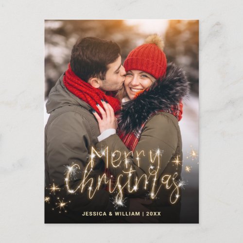 Merry Christmas Gold Sparkle Script PHOTO Greeting Holiday Postcard