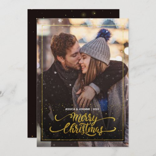 Merry Christmas Gold Sparkle Script PHOTO Greeting Invitation