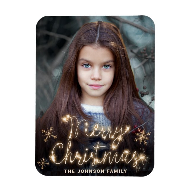 Merry Christmas Gold Sparkle Script PHOTO Greeting Magnet (Vertical)