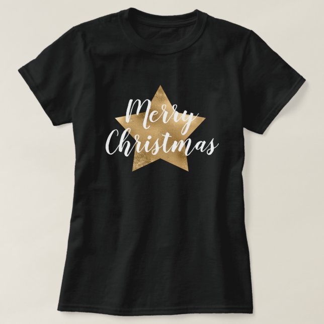Merry Christmas Gold Star Black T-Shirt (Design Front)