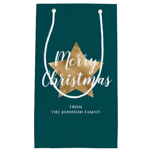Merry Christmas Gold Star Green Small Gift Bag (Front)