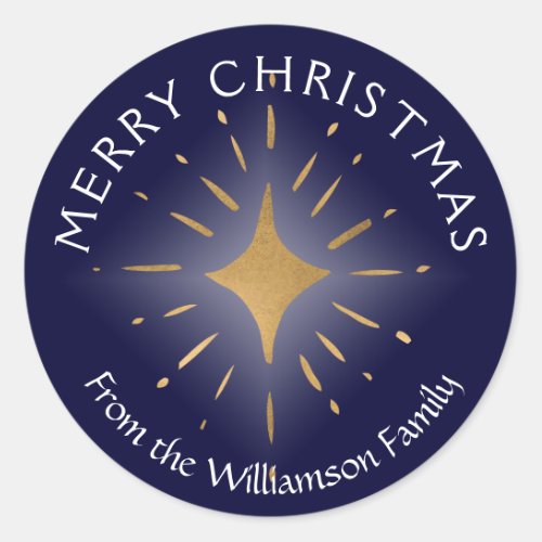 Merry Christmas Gold Star Navy Blue Classic Round Sticker