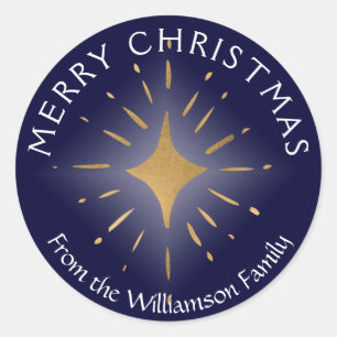 Merry Christmas Gold Star Navy Blue Classic Round Sticker