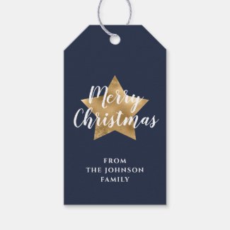 Merry Christmas Gold Star Navy Blue Gift Tags