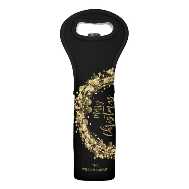 Merry Christmas Gold Stars Black Wine Bag (Front)