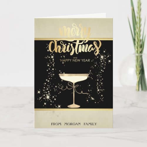 Merry ChristmasGold Stars Champagne Glass Holiday Card