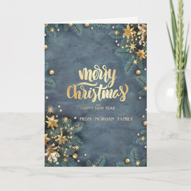 Merry Christmas,Gold Stars Christmas Tree Holiday Card (Front)