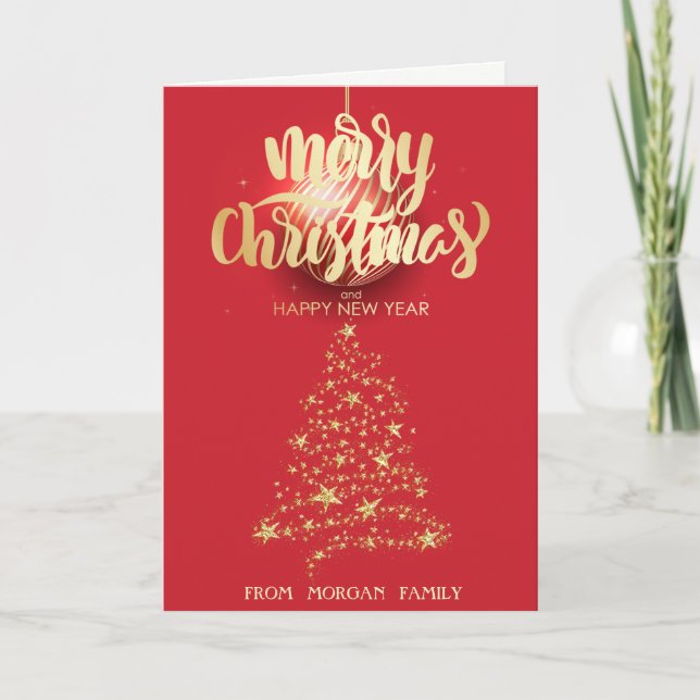 Merry Christmas,Gold Stars Christmas Tree Red Holiday Card (Front)