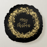 Merry Christmas Gold Stars on Black Round Pillow<br><div class="desc">This round black throw pillow features twinkling gold stars,  circles and dots surrounding the words "Merry Christmas" on a black background,  fun to add to your holiday decor. MATCHING items in our collection.</div>