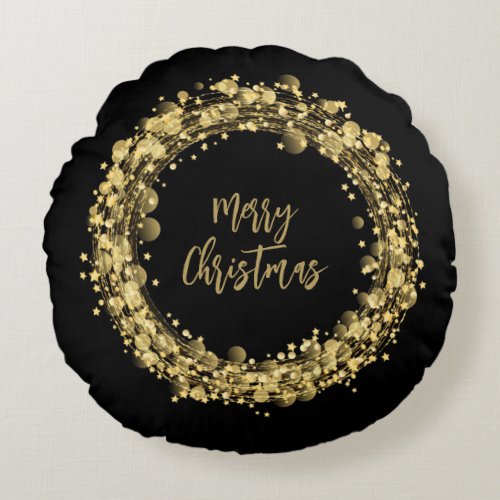 Merry Christmas Gold Stars on Black Round Pillow