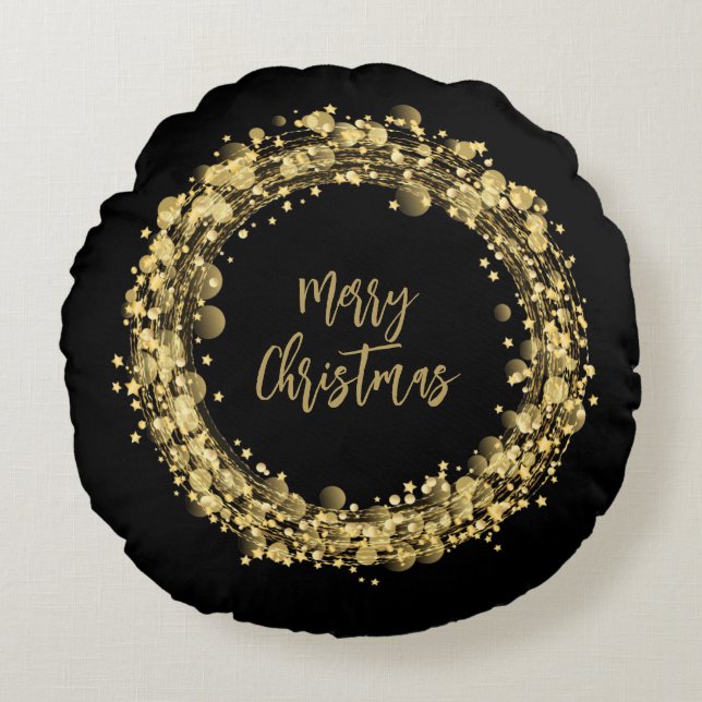 Merry Christmas Gold Stars on Black Round Pillow (Front)