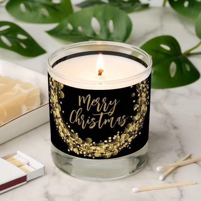 Merry Christmas Gold Stars on Black Scented Candle (Lit)