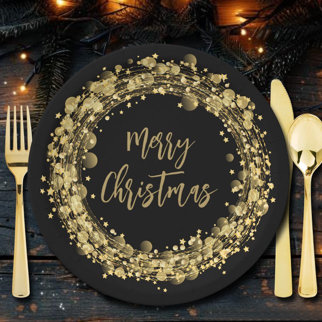 Merry Christmas Gold Stars Paper Plates (Merry Christmas Gold Stars on Black Paper Plates)