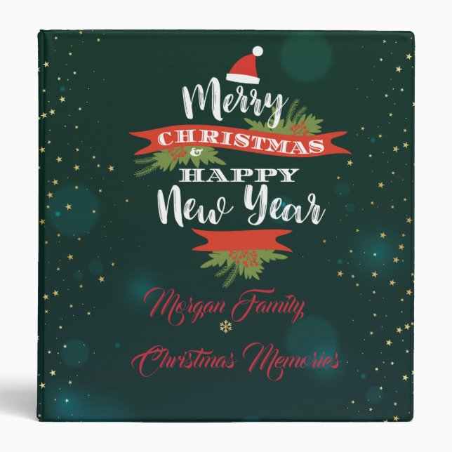 Merry Christmas,Gold Stars,Santa Hat 3 Ring Binder (Front)