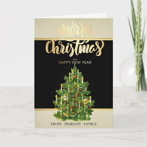 Merry ChristmasGold Stars Vintage Christmas Tree Holiday Card