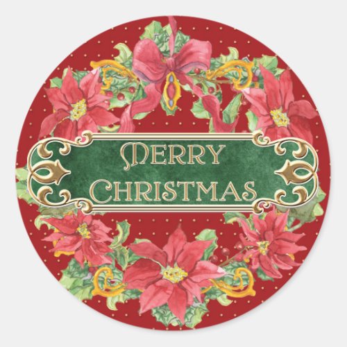 Merry Christmas Gold Swirl Poinsettia Wreath Jewel Classic Round Sticker